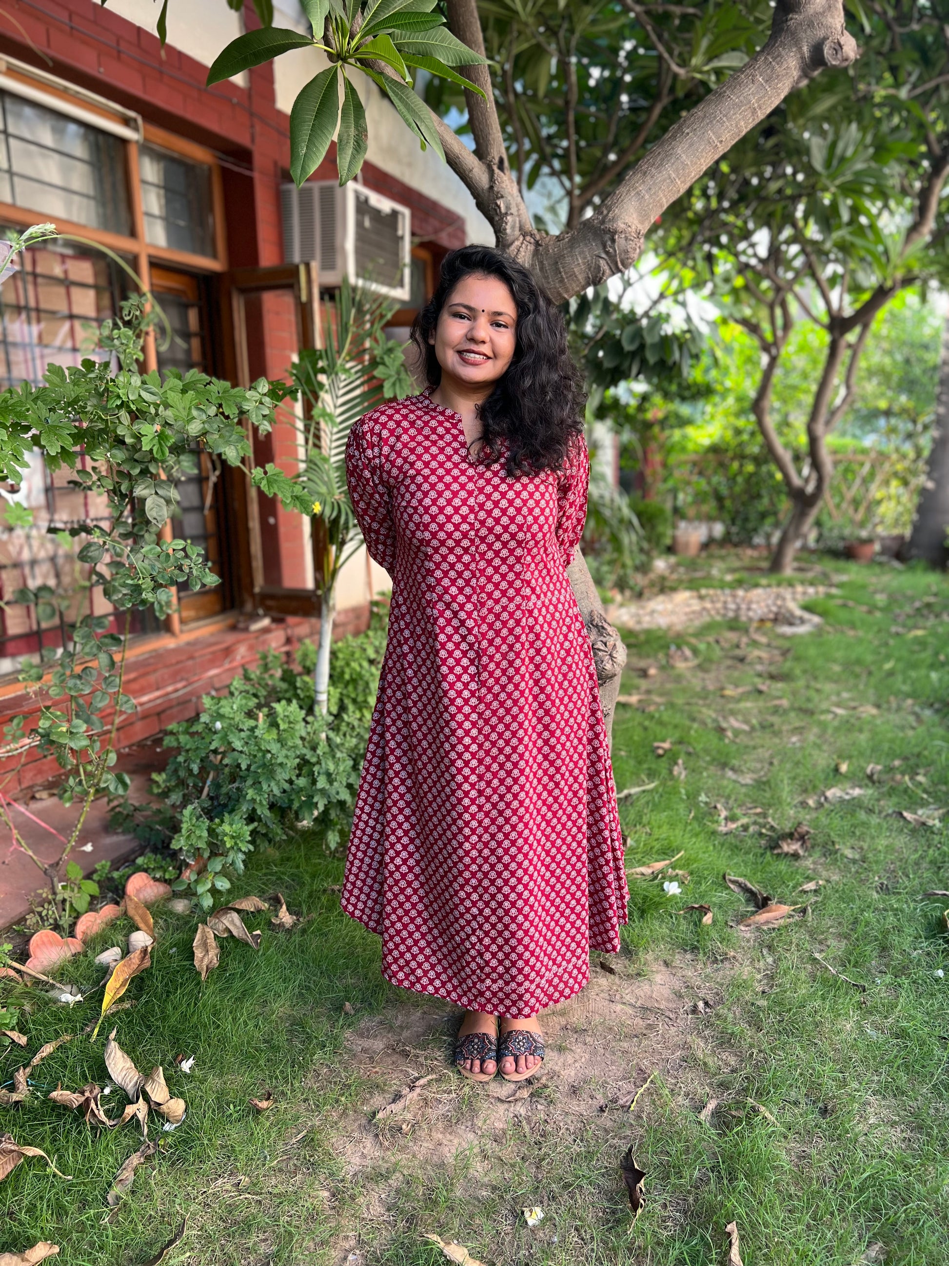 Maroon buti dress with pockets - MYSANSKRITAM