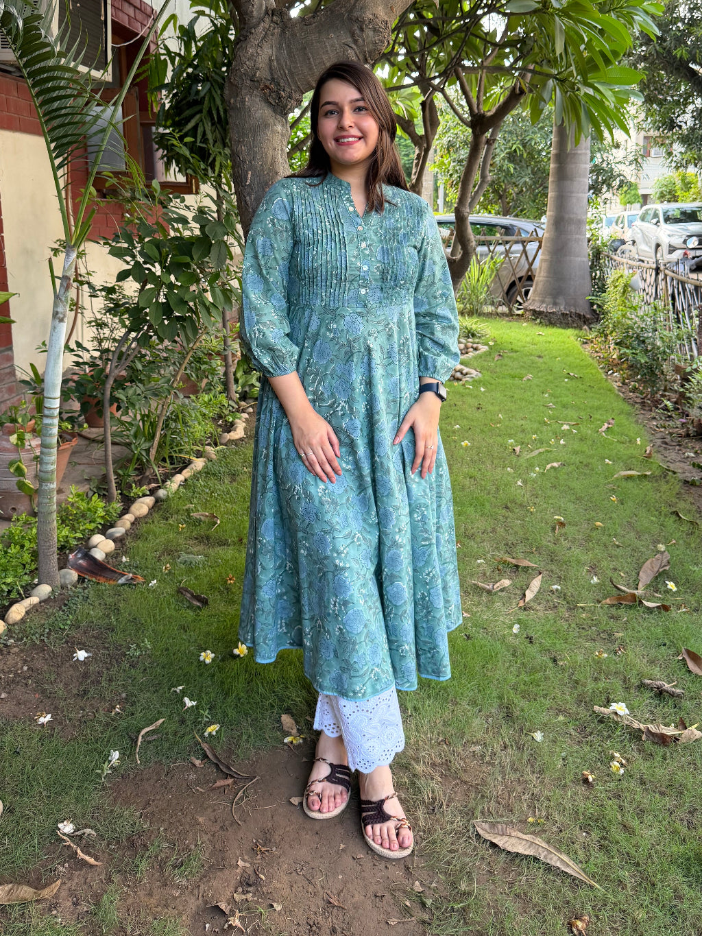 Teal Green Floral Pintucks A-line Kurta by MySanskritam