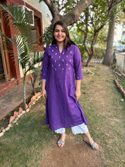 Purple embroidered yoke A-line kurta with pockets