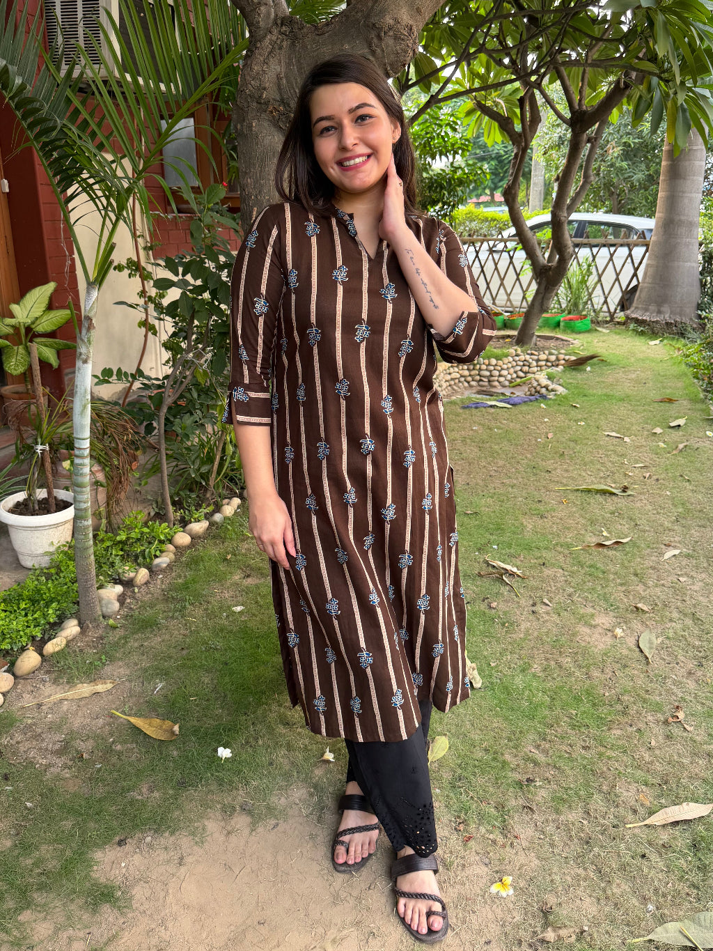 Mud Brown ban neck kurta by Sankritam
