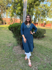 Peacock Blue V-Neck Embroidered Kurta