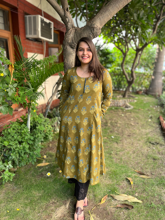 Mehendi green Ajrakh print A-Line Kurta with chudi sleeve - MYSANSKRITAM