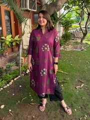 Wine Big Leaf Flower Ban-Neck Kurta by Sanskritam