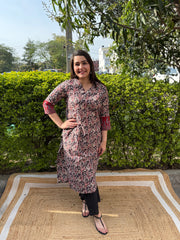 Beige overall floral printed kurta with border