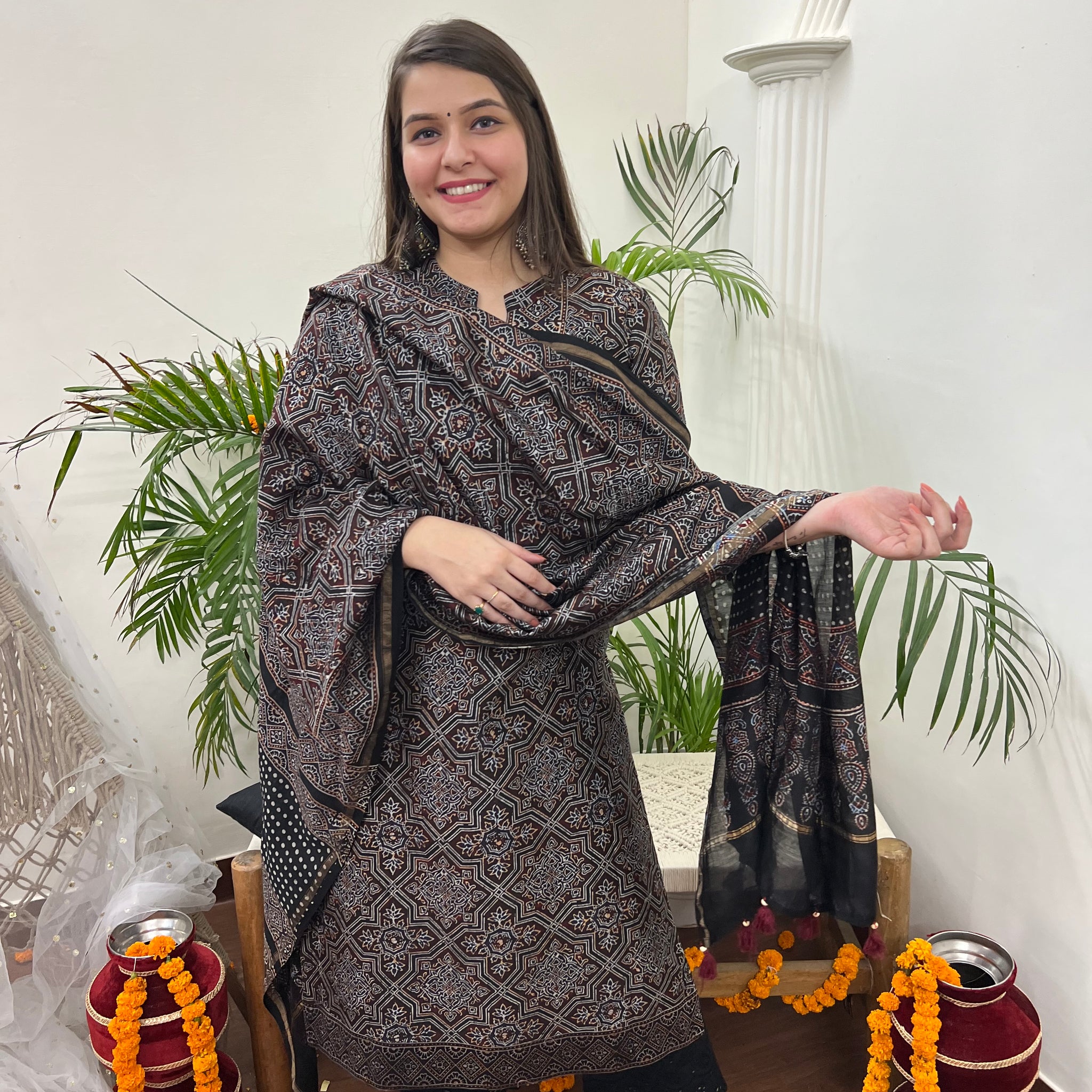 Ajrakh Chanderi Black kurta duppata set