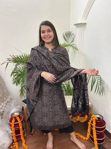 Ajrakh Chanderi Black kurta duppata set