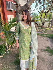 Green Handblock Suit set with Mulmul Duppata - MYSANSKRITAM