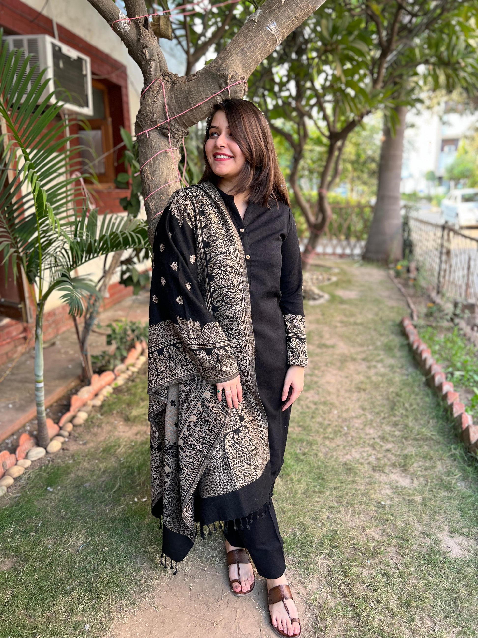 Black Woollen suit set with Shawl - MYSANSKRITAM