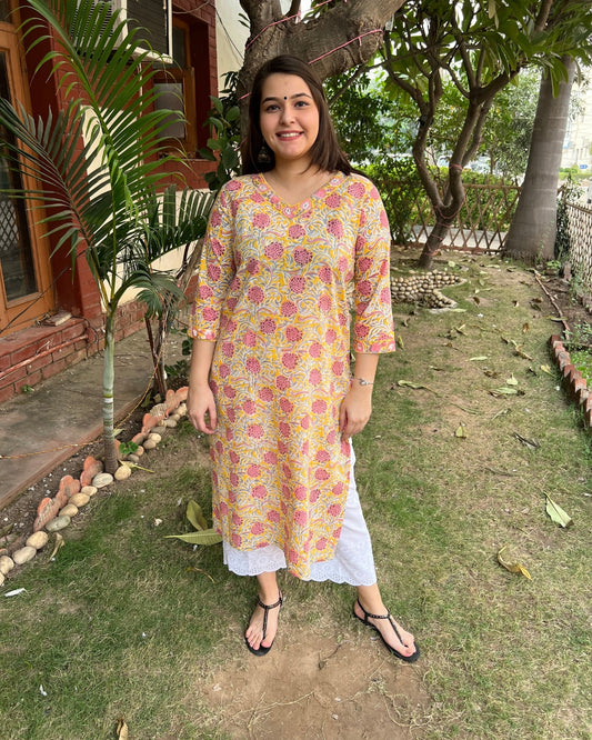 Lemon yellow handblock printed kurta
