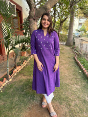 Purple embroidered yoke A-line kurta with pockets