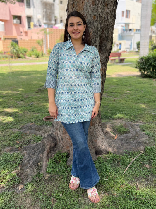 Light blue Ikkat short kurti