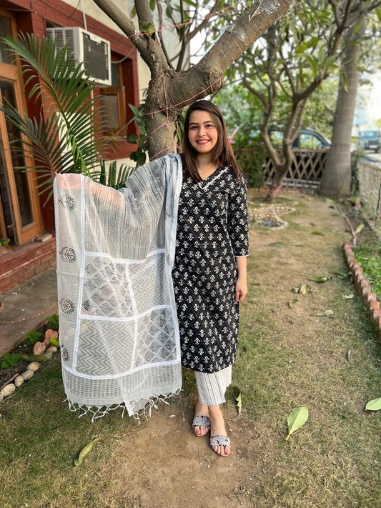 Black white kantha full suit set