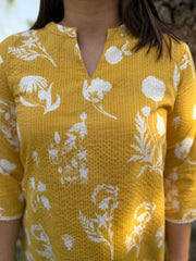 Lemon yellow floral kantha short kurti