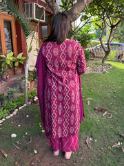 Magenta Ikkat Print Pintucks Suit Set  from the back by Sanskritam