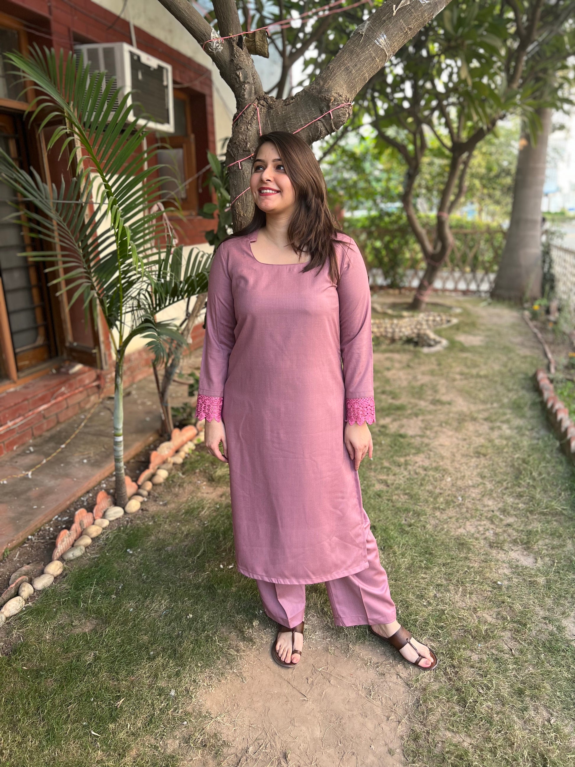 Onion Pink Woollen suit set with Shawl - MYSANSKRITAM