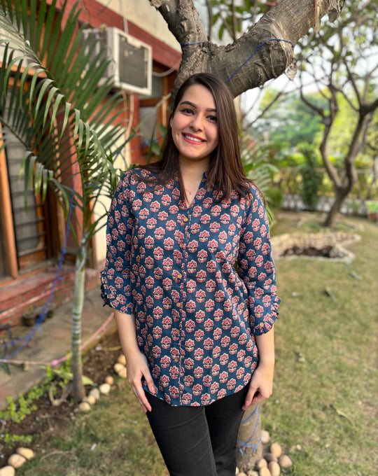 Royal blue flower button shirt