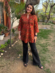 Brick Red floral Sanganeri pintucks top