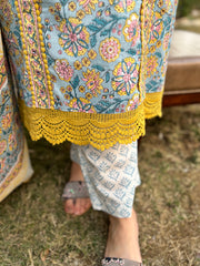 Mustard lace Handblock printed full suit set