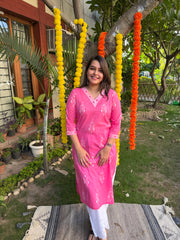 Pink ikkat print V neck kurta