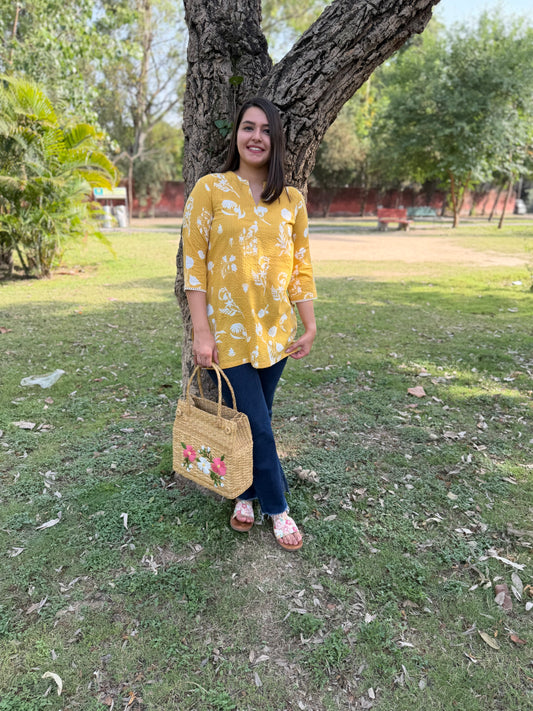 Lemon yellow floral kantha short kurti