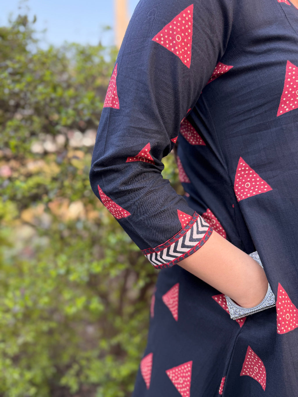 Black Geometric Aline Kurta pocket by MySanskritam