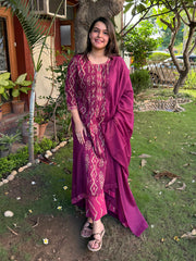 Magenta Ikkat Print Pintucks Suit Set by Sanskritam