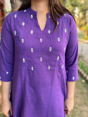 Purple embroidered yoke A-line kurta with pockets