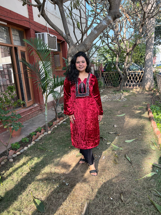 Maroon ajrakh velvet yoke kurta