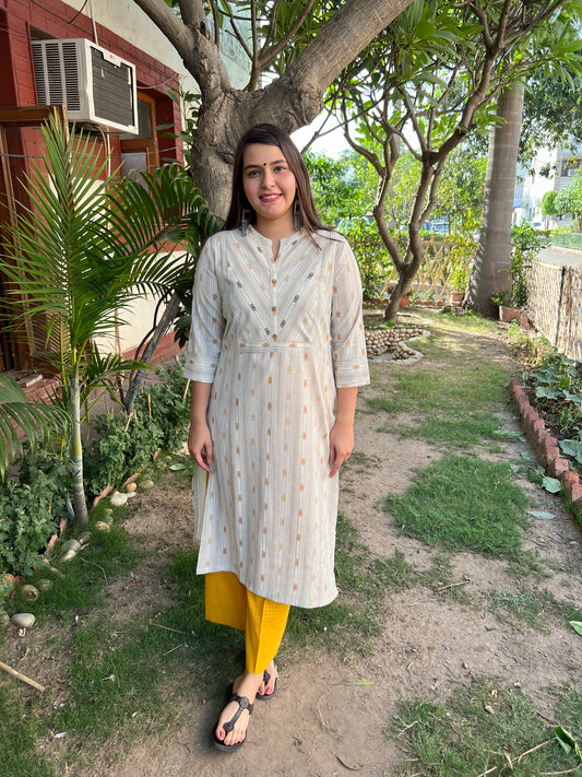 Beige Motif Lines Kurta - MYSANSKRITAM