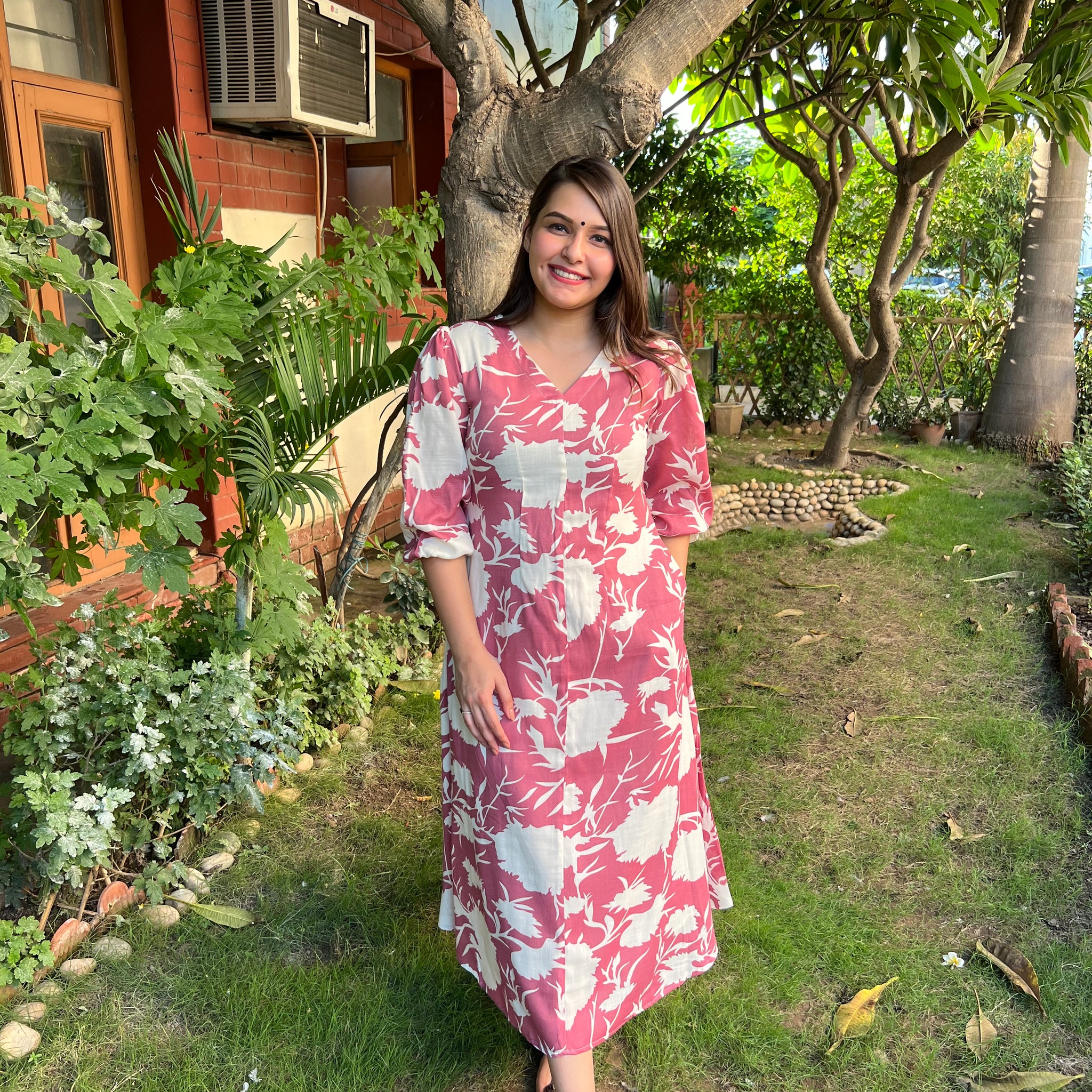 Pink White floral dress - MYSANSKRITAM