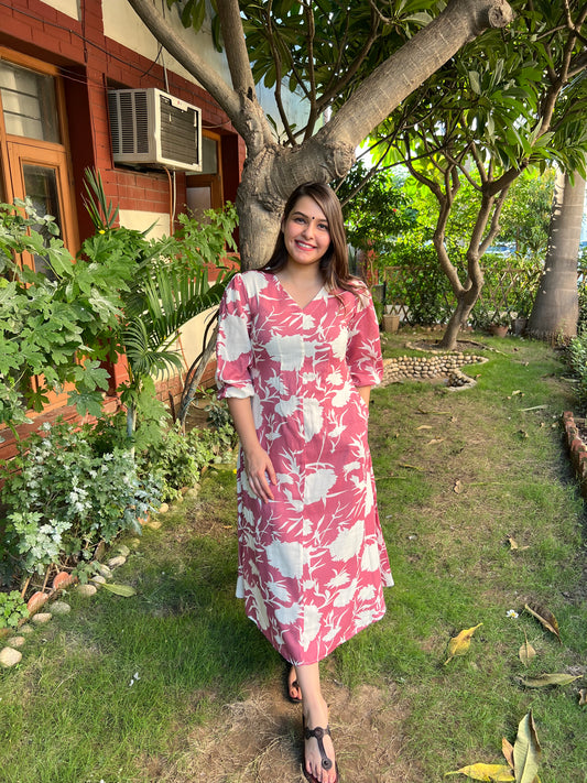 Pink White floral dress - MYSANSKRITAM