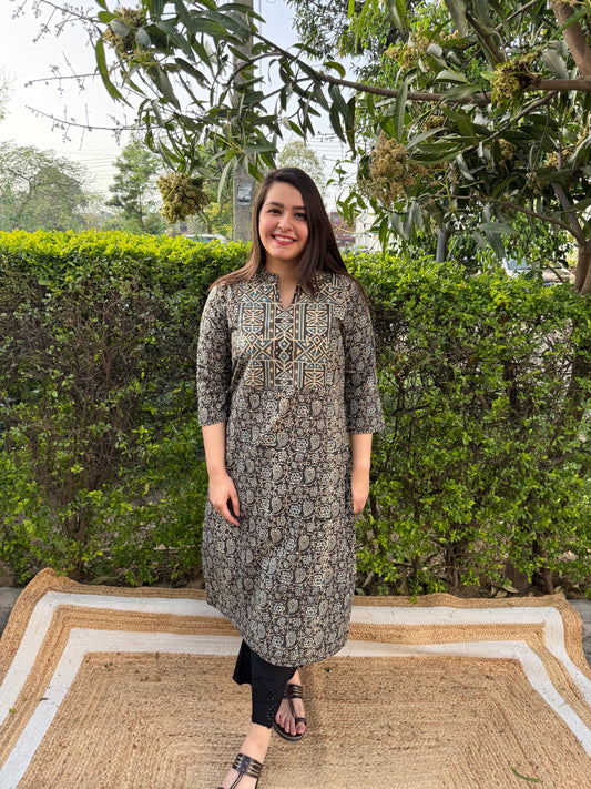 Brown ajrakh Yoke kurta