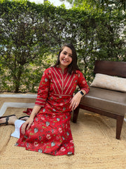 Sanganeri red floral yoke kurta