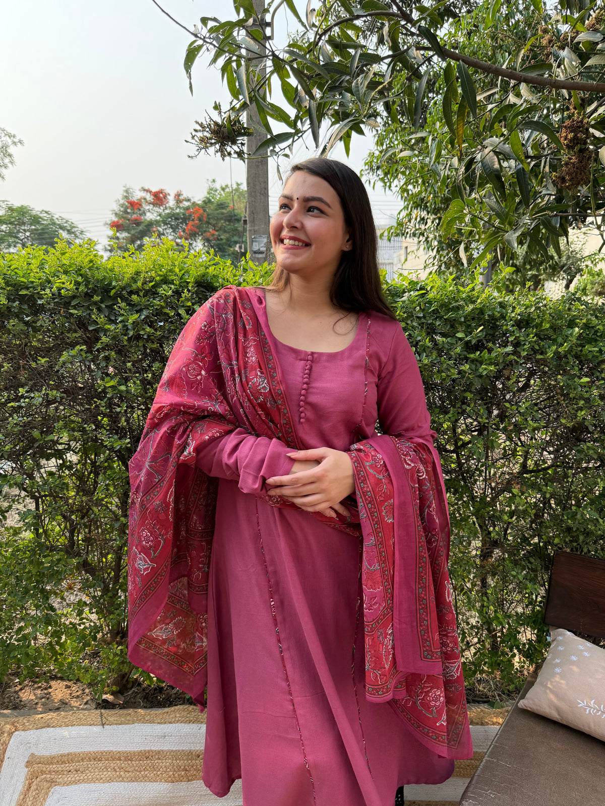 Pink A-line chudi sleeve kurta duppata set