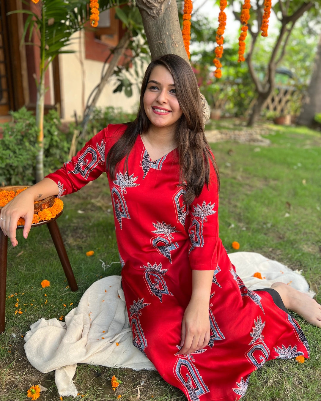 Bright Red Peacock Modal kurta
