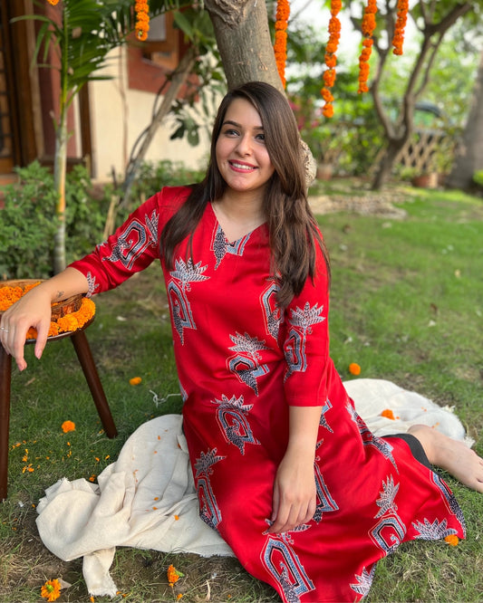 Bright Red Peacock Modal kurta