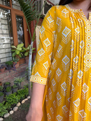 Yellow Ikkat Print Pintucks Suit Set sleeve by MySanskritam