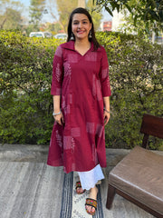 Dark Pink Geometric Collar Aline Kurta by MySanskritam