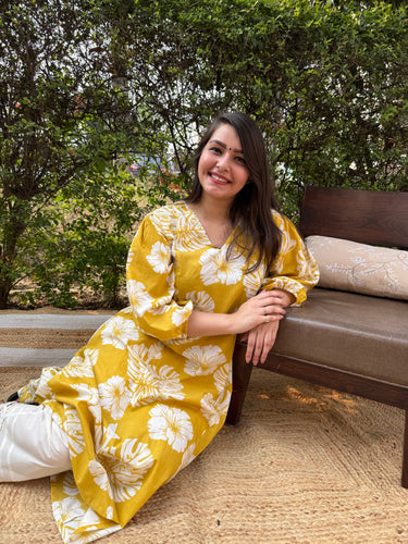 Yellow floral Aline kurta with pockets