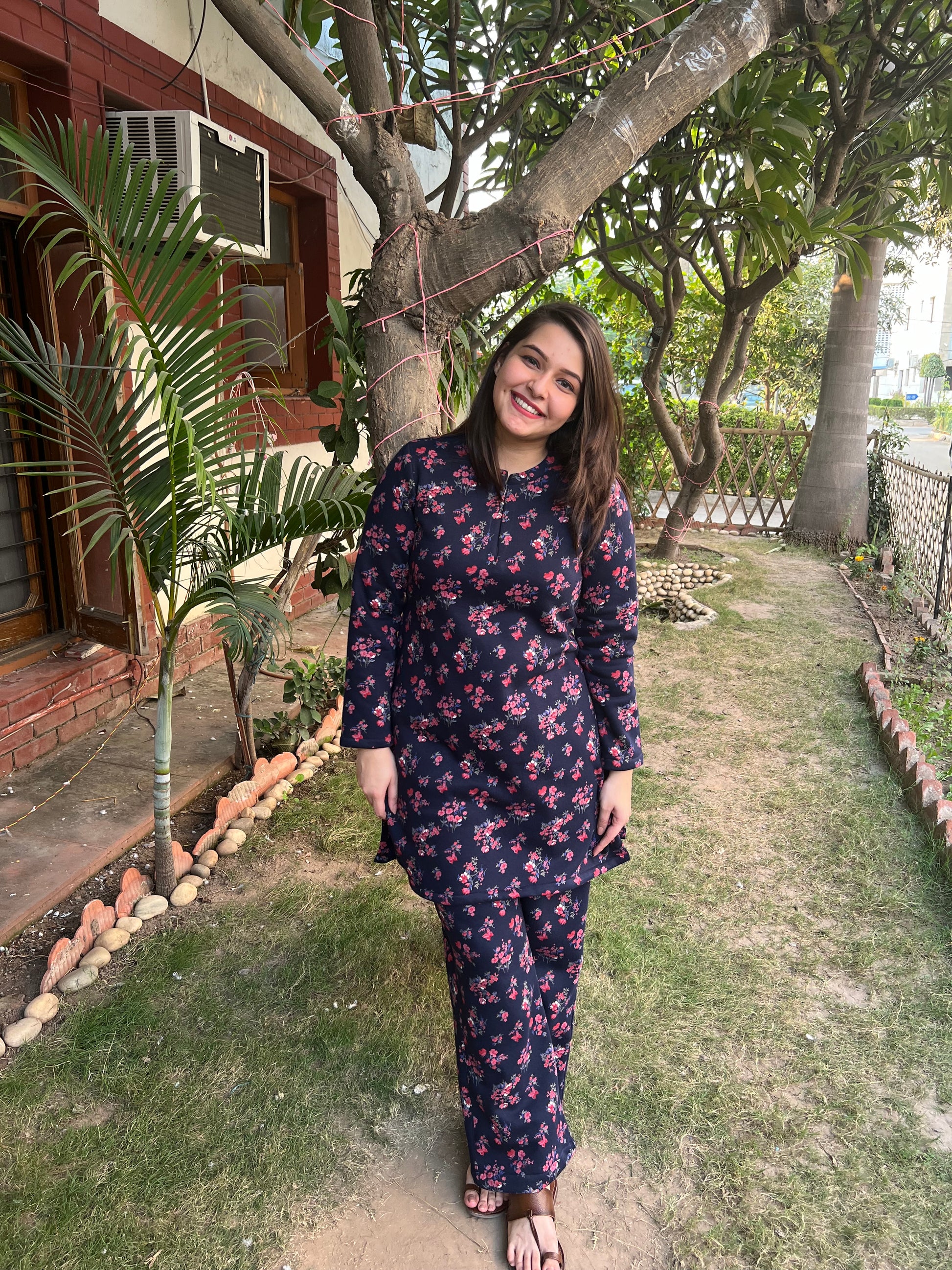 Blue Floral Fleece winter nightsuit - MYSANSKRITAM