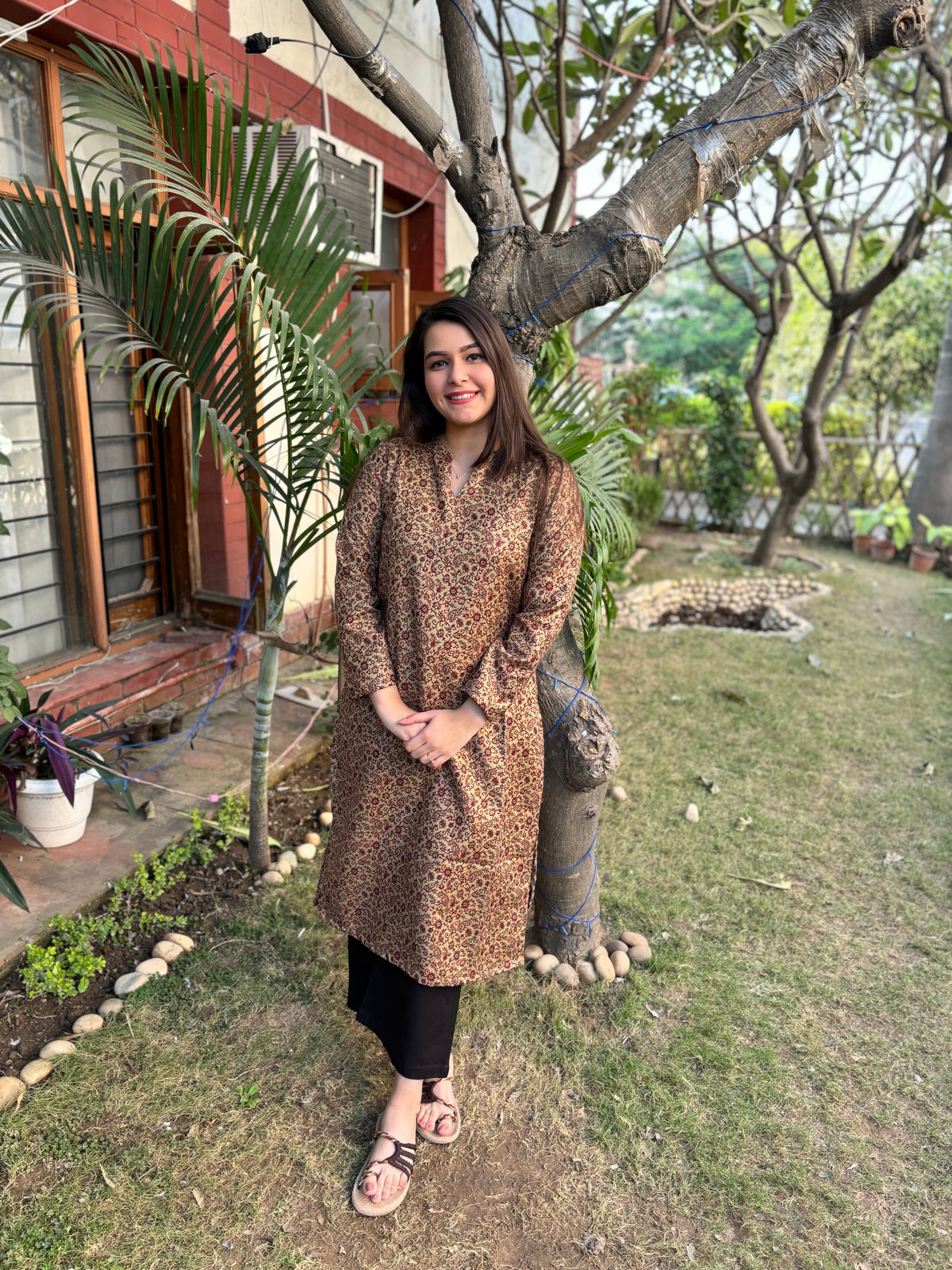 Cream floral woollen Kurta