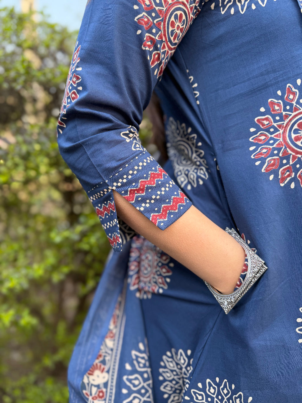 Indigo Big Circle Aline Suit Set Kurta Pocket by MySanskritam