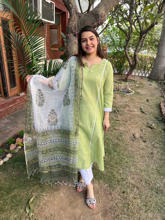 Pista green A-line kurta with Handblock duppata