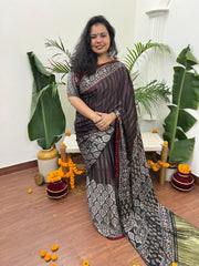 Grey with Maroon lines Modal silk saree with Gold pallu - MYSANSKRITAM