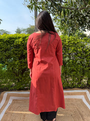 Rust Aline kurta with embroidered yoke on neck