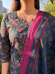Blue Floral Suit Set close up by Sanskritam