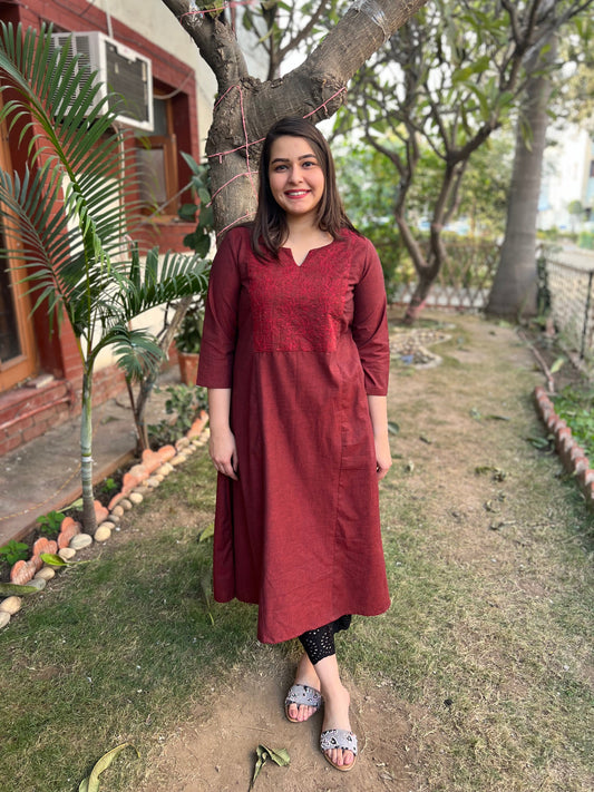 Maroon yoke A-line Basic kurta