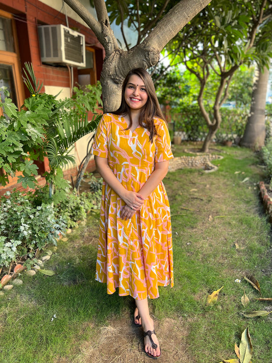 Yellow abstract Floral dress - MYSANSKRITAM