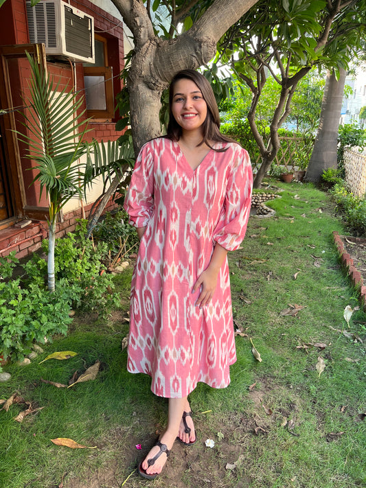 Peach Ikkat Dress (with pocket) - MYSANSKRITAM