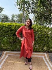 Rust Aline kurta with embroidered yoke on neck